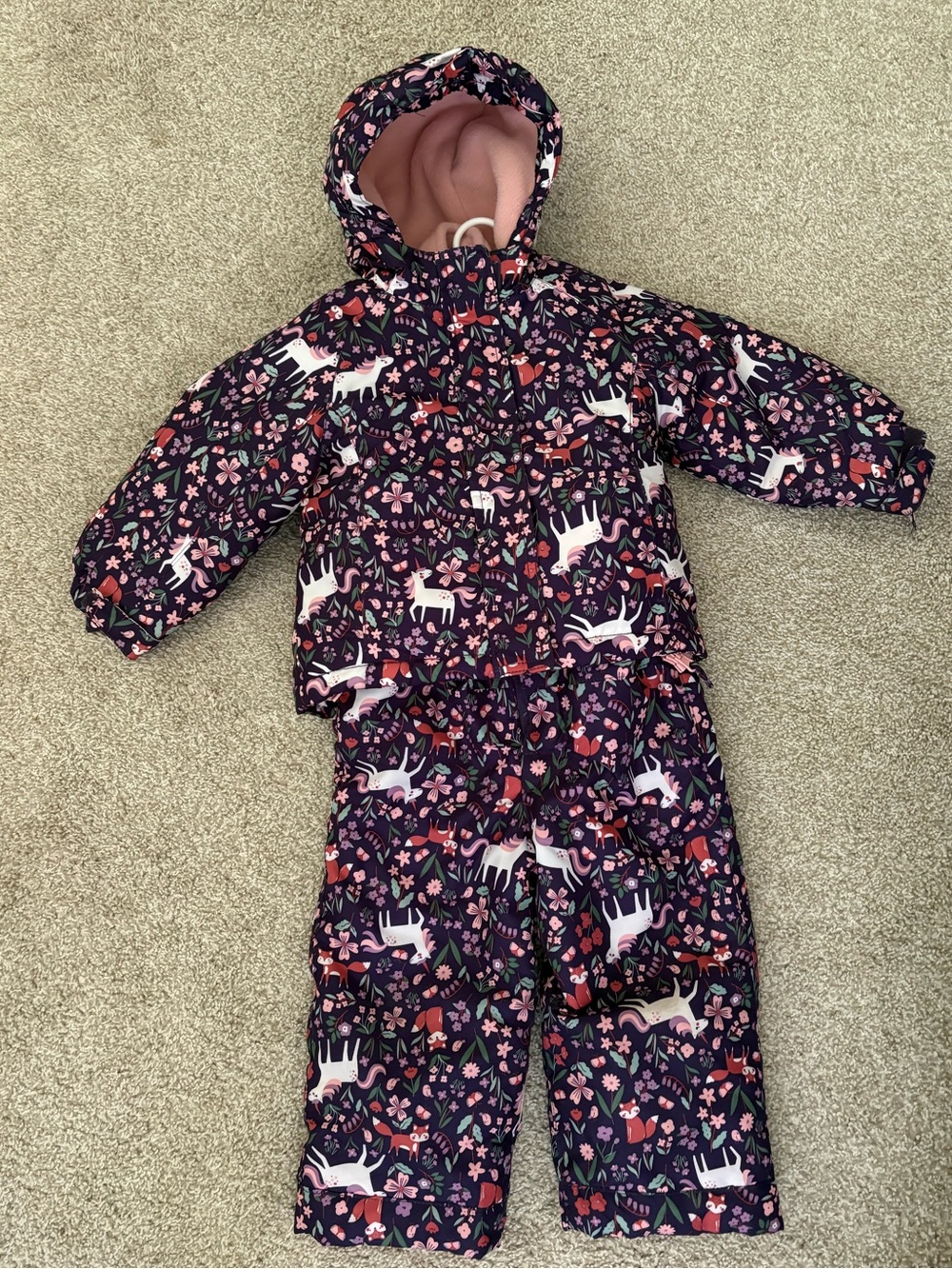Girls' Navy Unicorn Print Winter Snowsuit Set - Pink Lining